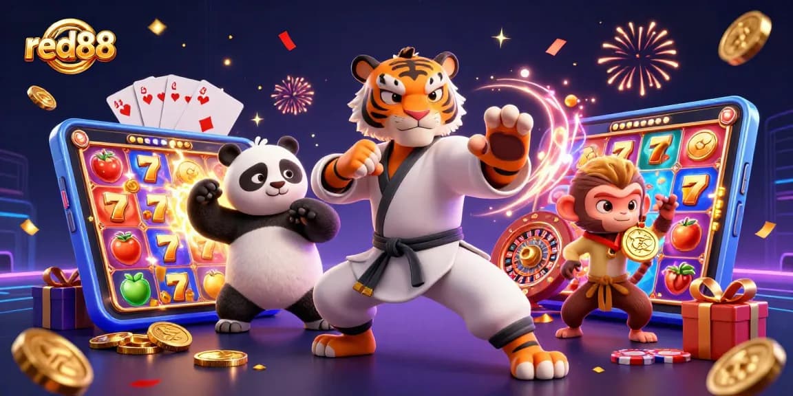 Engage with red88's thrilling slot games depicted in this dynamic 3D illustration.