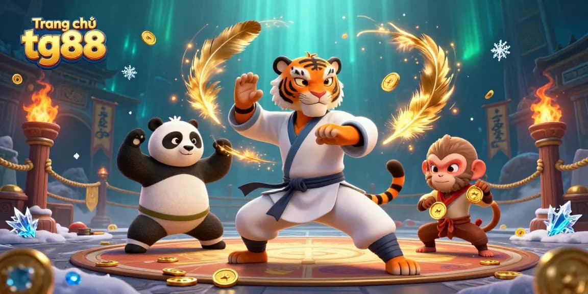 Engage with the vibrant action of Trang chủ tg88's online casino realm featuring a kung fu master and playful characters.