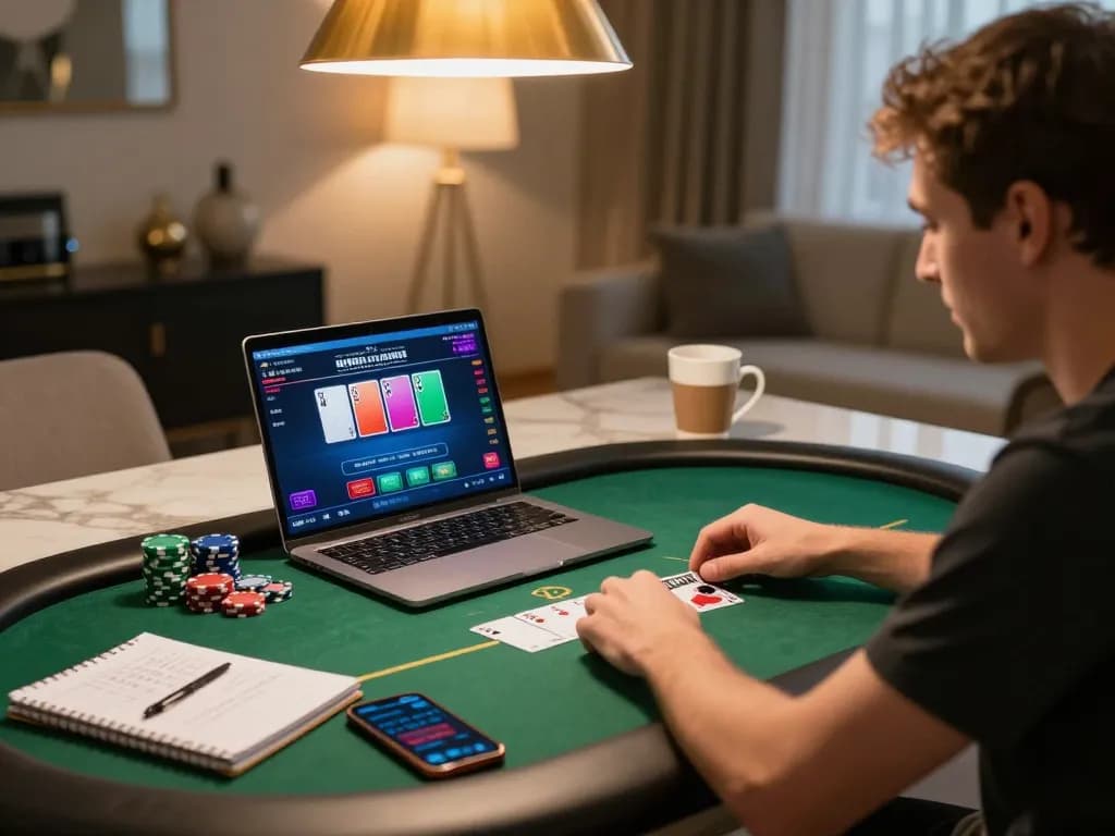 LC88 player engaged in a focused online poker session, showcasing strategy notes and vibrant gameplay.