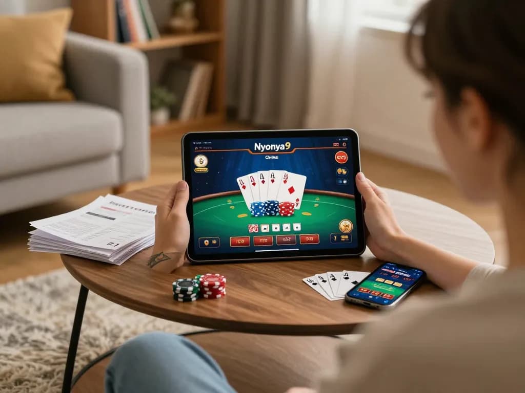 Nyonya9 online casino engaging gameplay on tablet in a cozy room, featuring poker strategy notes.