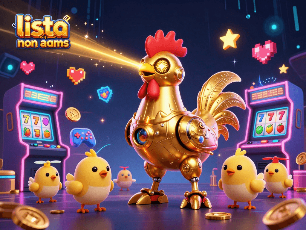 Illustrazione 3D di un robot gallo d'oro in un casinò con giochi arcade e simboli di slot, lista casino non aams.