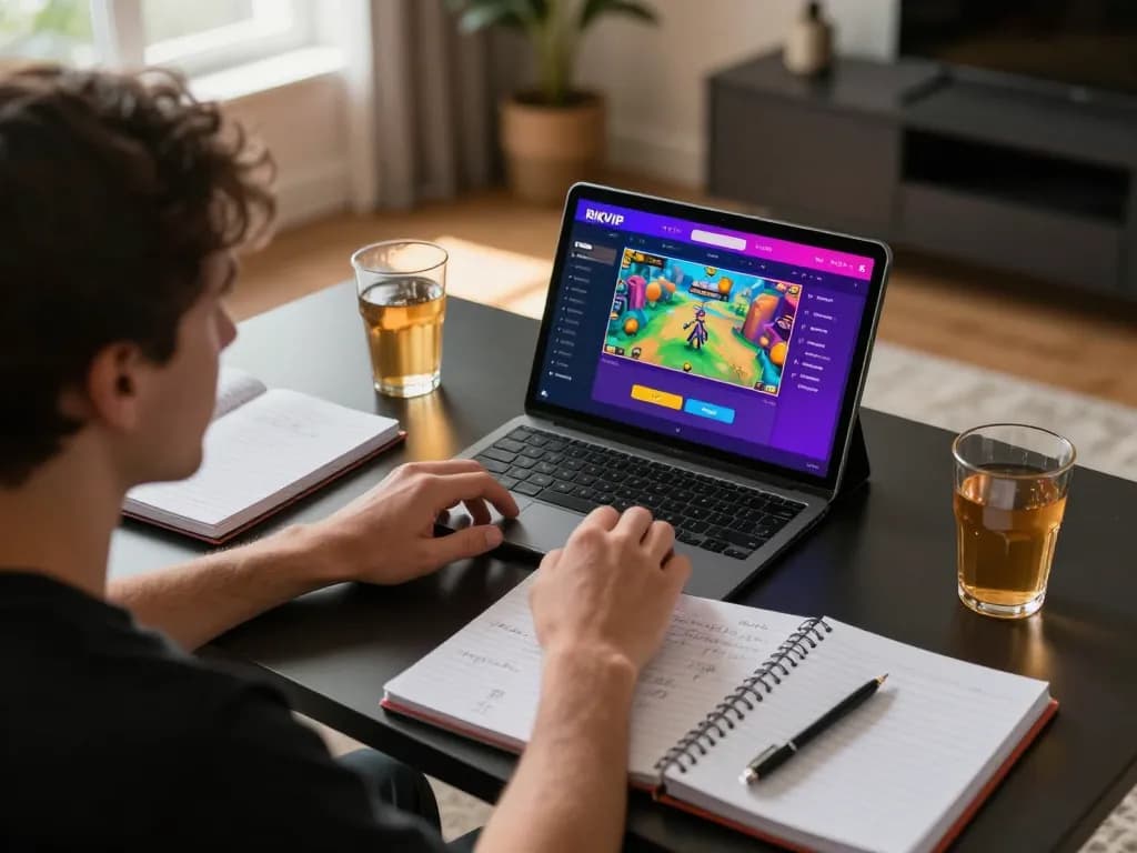 Engaged player analyzing bets on the RIKVIP app in a cozy home setup