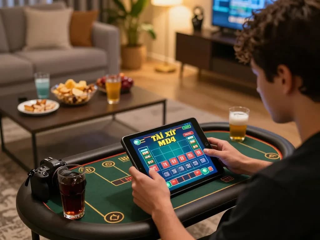 Tài xỉu MD5 player engaged in online gaming session, showing tablet screen with betting interface