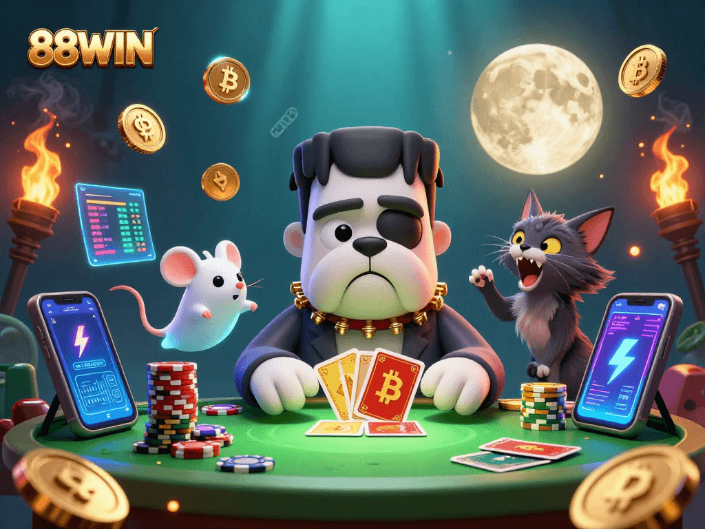 Engage with 88WIN's thrilling gaming scene featuring a Frankenstein bulldog dealer and floating ghost mouse.
