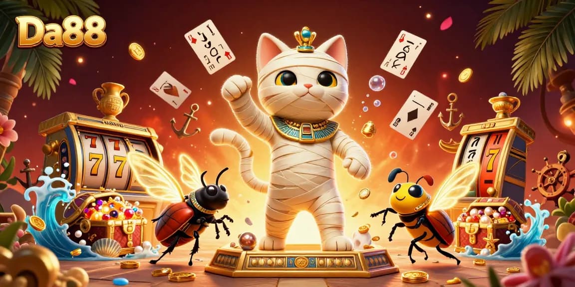Engage in thrilling action with Da88's lively 3D cat and golden treasures in an exciting casino scene.