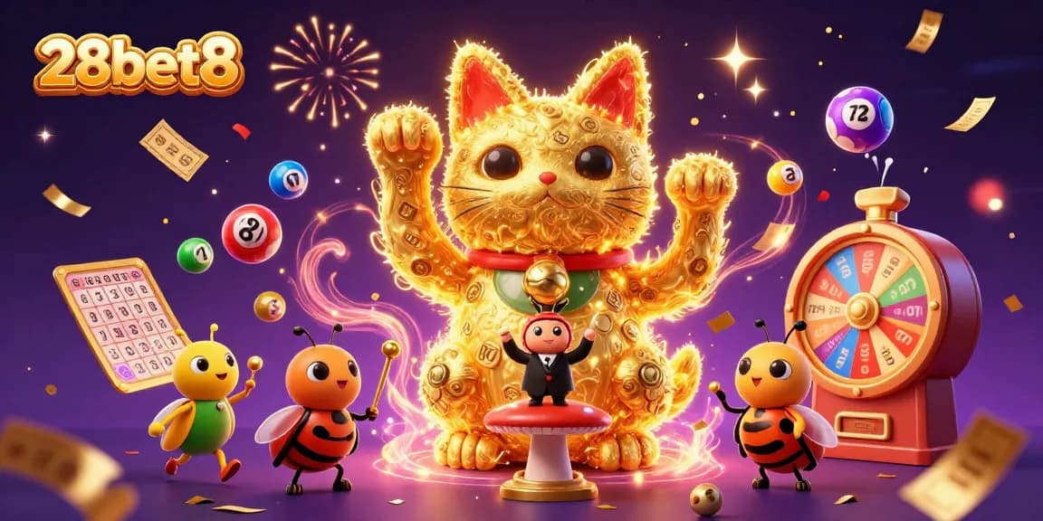 Experience the thrill of gambling with 28bet8's vibrant casino illustration featuring a lucky cat and dynamic lottery elements.