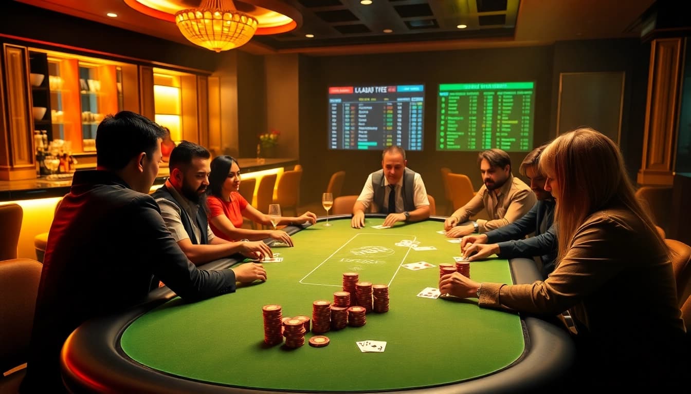 Engaging players at a U888 online casino poker table with vibrant chips and cards.