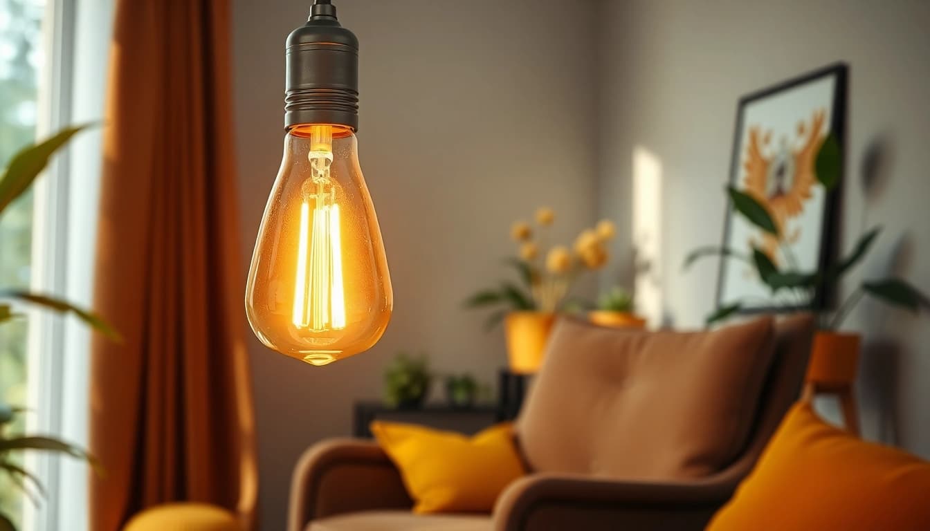 What is an A19 light bulb illuminating a cozy reading nook in a modern living room.