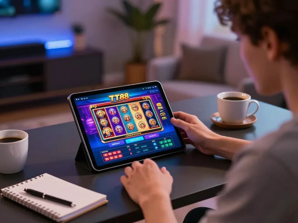 Engaging user plays on the TT88 casino app on a tablet, surrounded by cozy home decor.