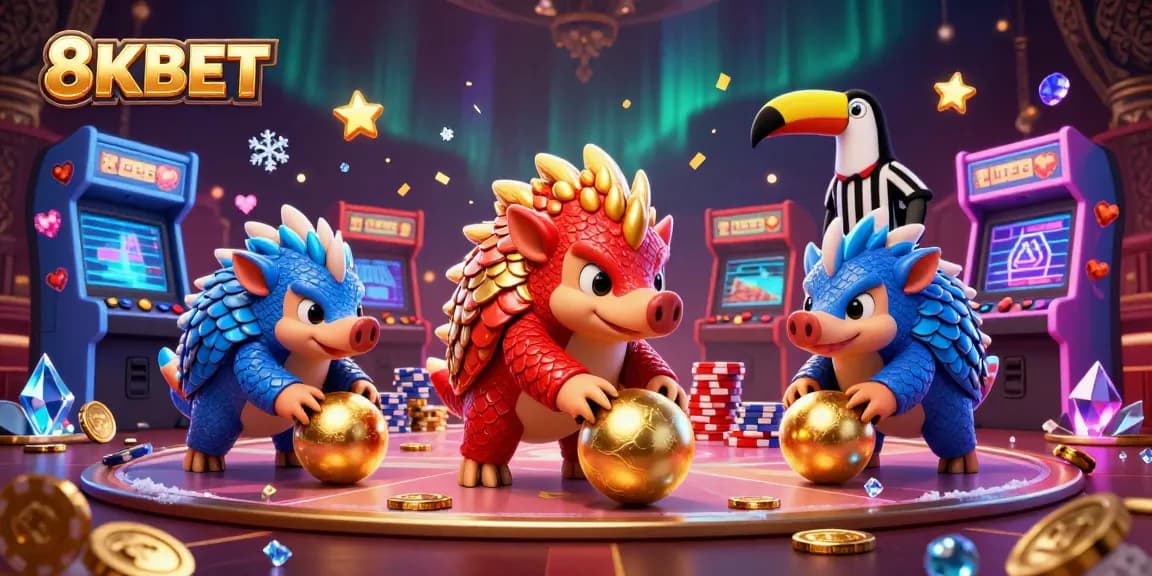 Experience excitement with 8KBET as pangolins roll into golden balls and poker chips in a vibrant casino scene.