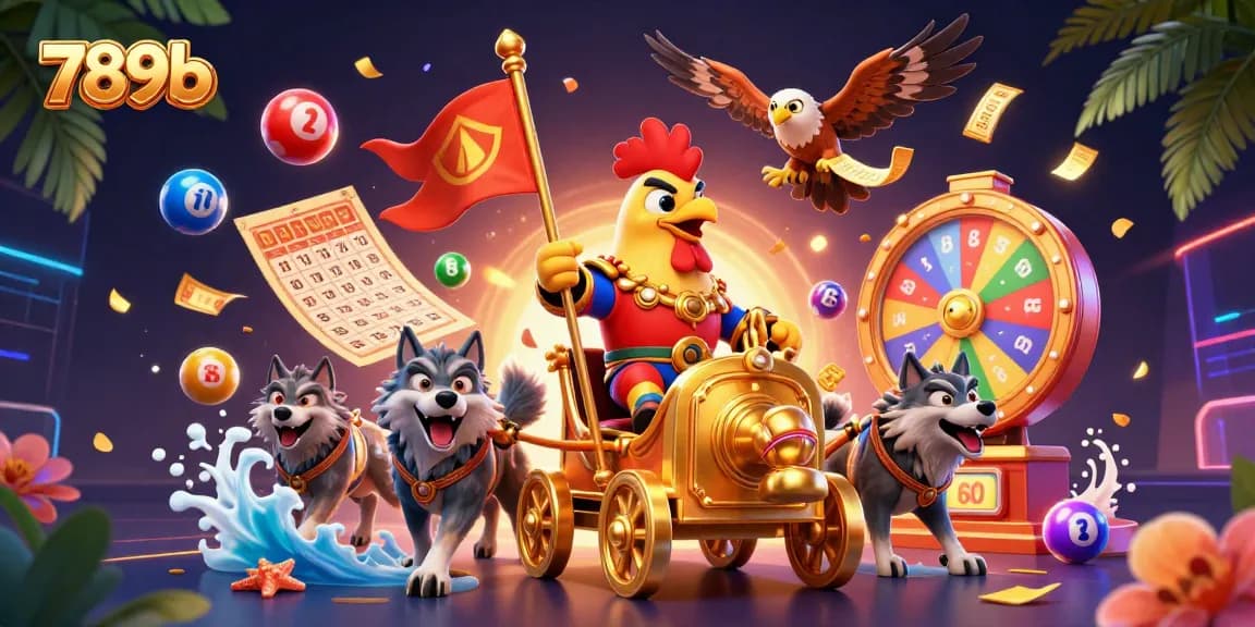 Engaging 789b casino scene with a rooster warlord and dynamic lottery elements