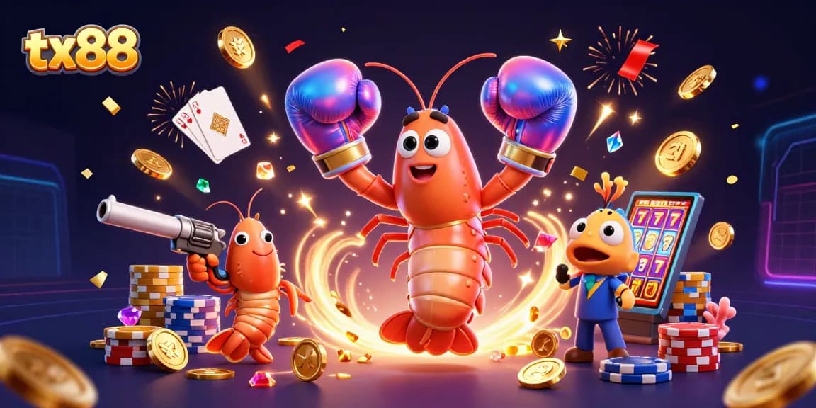 tx88 showcases a vibrant casino scene with dynamic characters amidst cascading coins and poker chips.