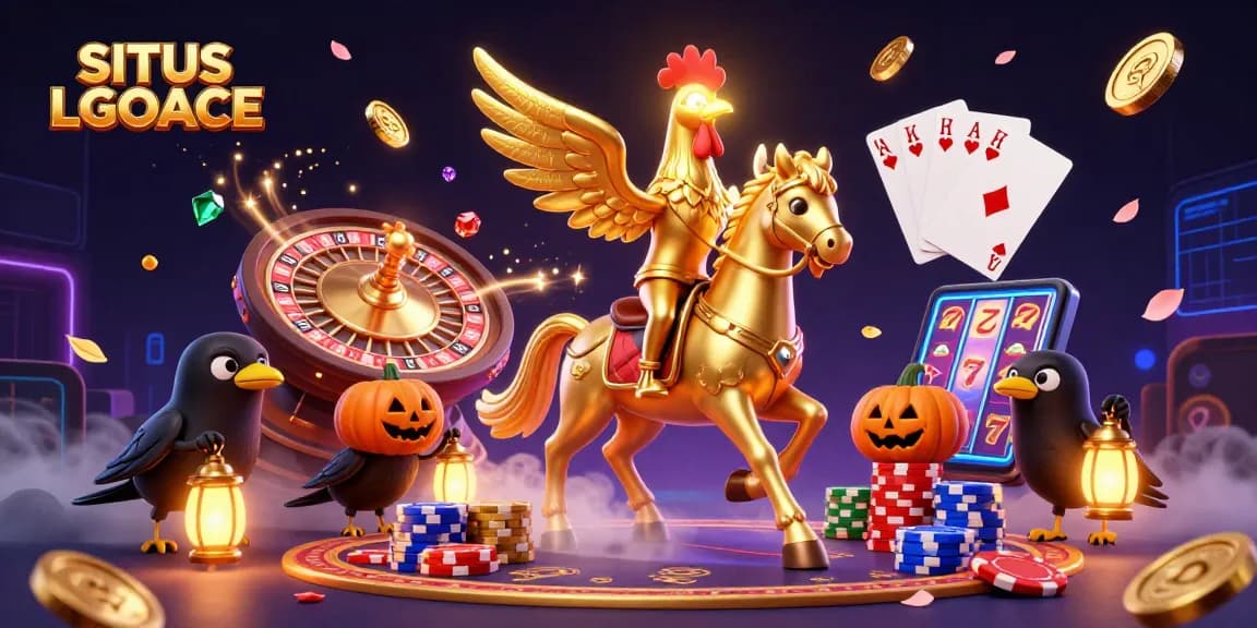 SITUS LGOACE showcases a jubilant slot game scene with a golden rooster and crow companions amidst casino elements.