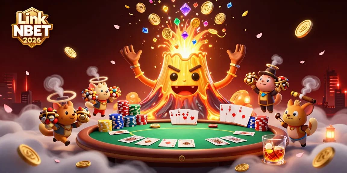 Link NBET 2026 showcases a vibrant 3D scene of a triumphant volcano amidst poker elements.