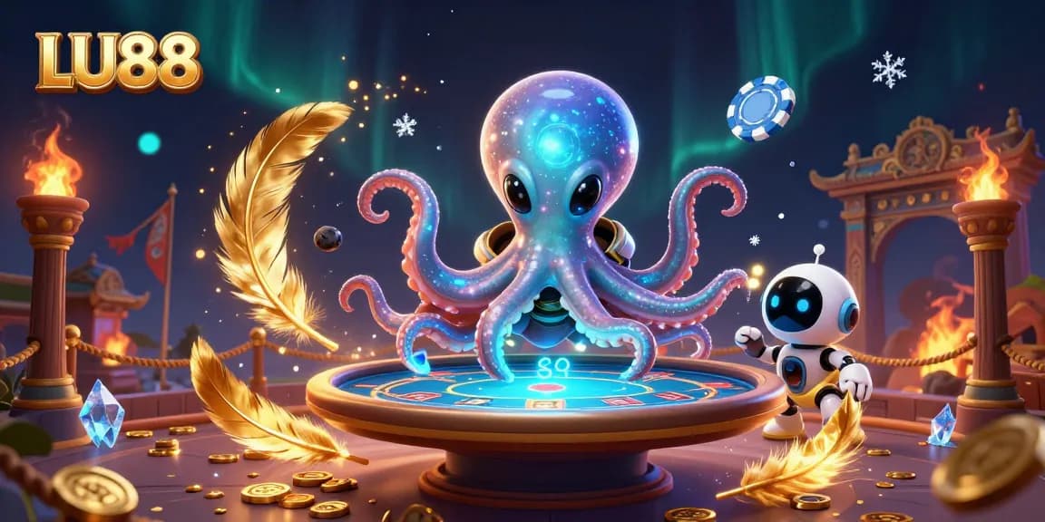 Experience thrilling poker action with LU88's 3D alien octopus at the floating poker table surrounded by cosmic elements.