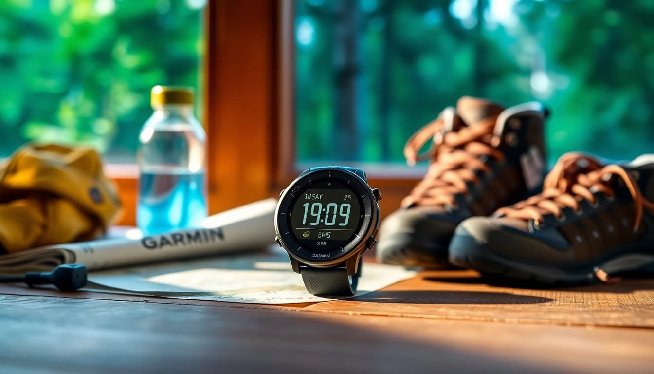 Showcasing a Garmin watch amidst hiking gear, highlighting adventurous possibilities.