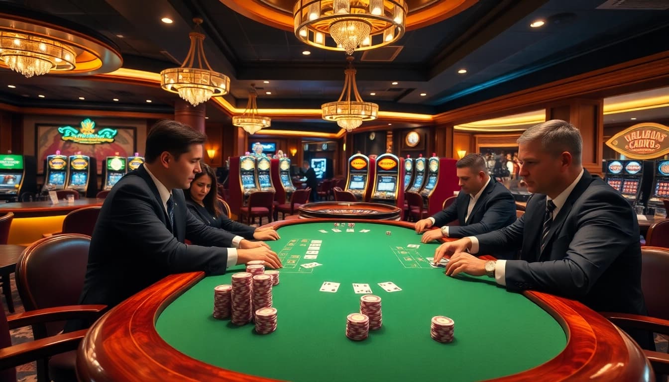 Xoilac players enjoying an upscale poker game surrounded by luxury casino elements.