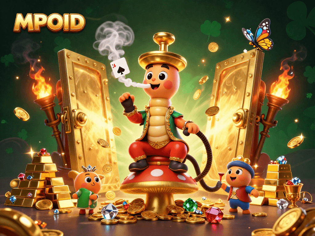 MPOID engages players with thrilling casino visuals featuring poker symbols and a vibrant gaming atmosphere.