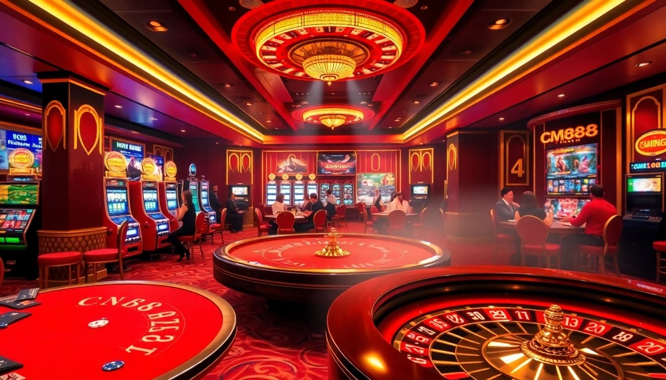 Engaging casino scene highlighting CM88 đăng nhập through vibrant games and elegant settings.