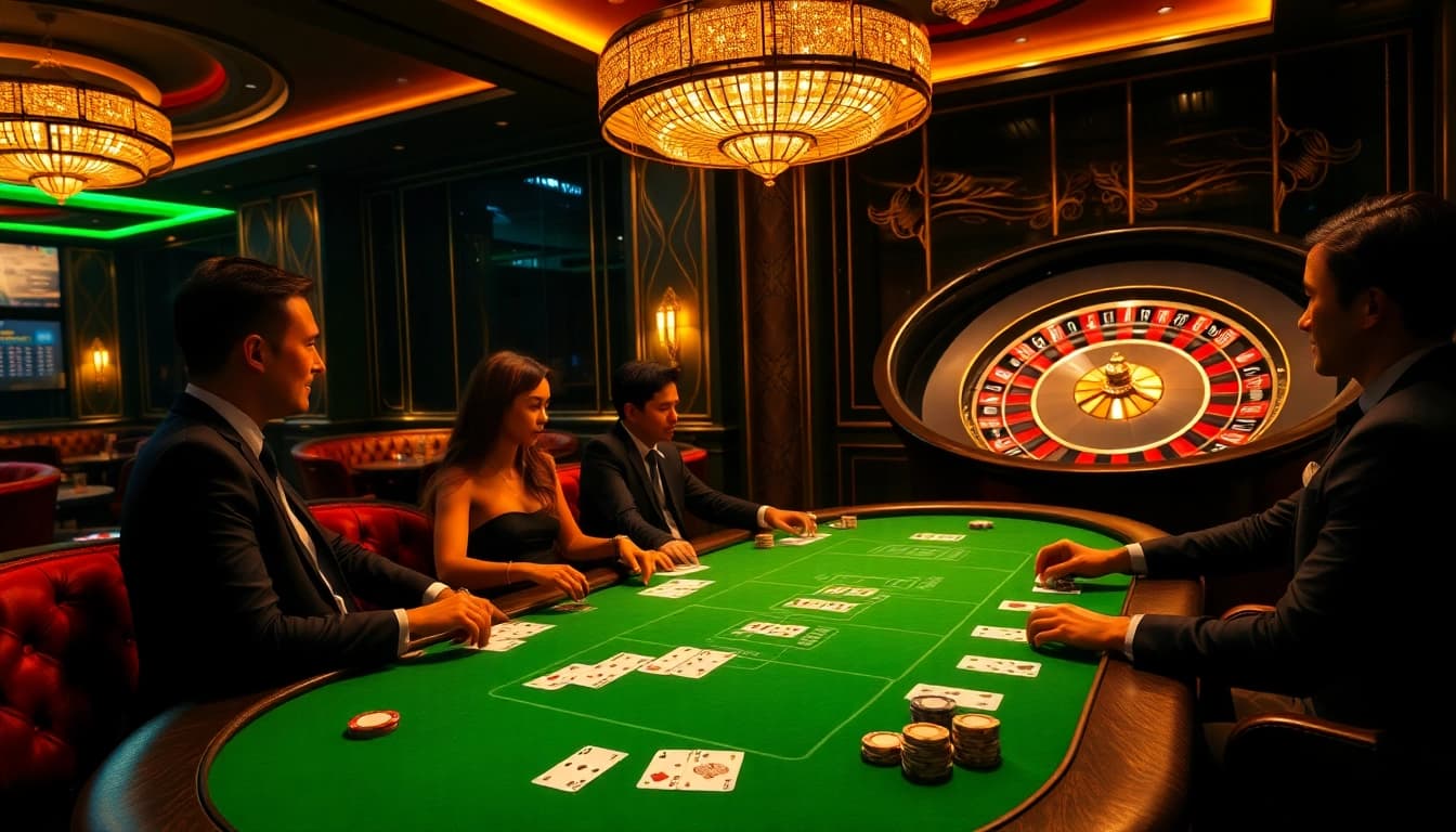 Players enjoying poker at xin88's high-stakes casino tables with vibrant casino ambiance.