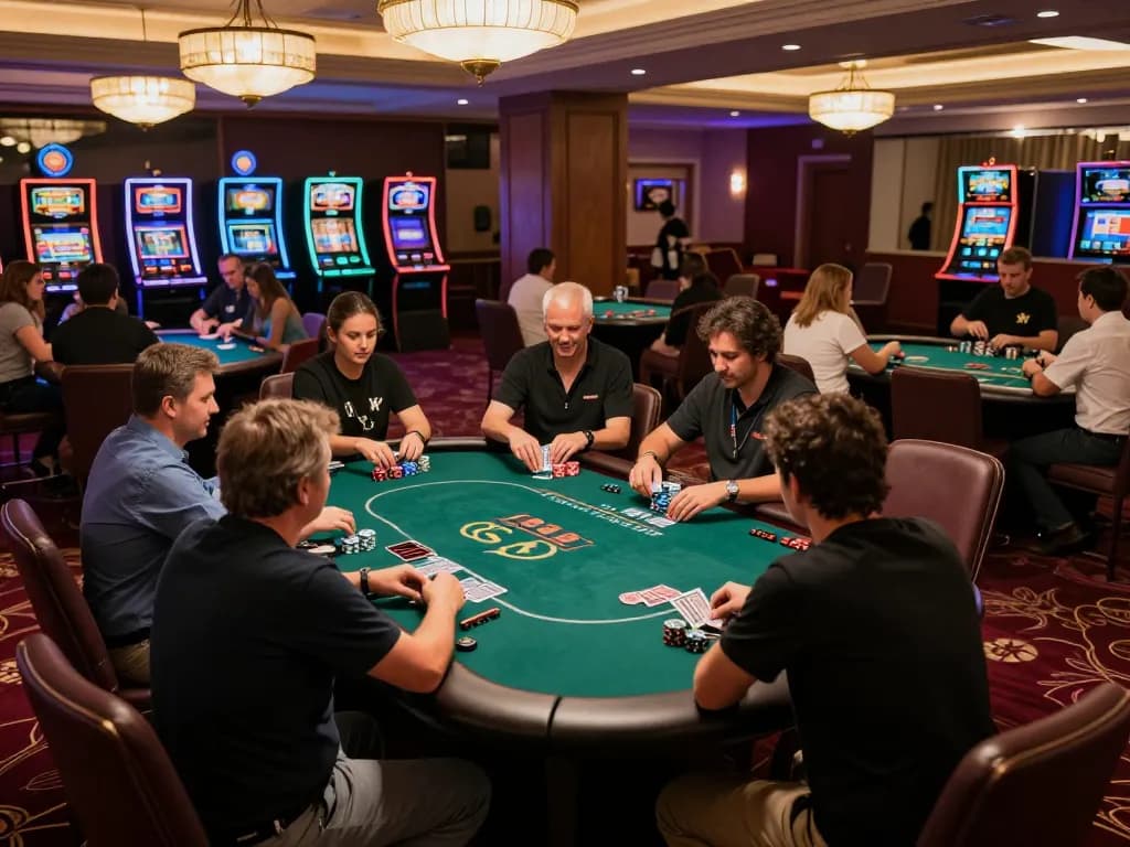 man88 players engaging at a vibrant poker table in an upscale casino environment, showcasing exciting gameplay and ambient lighting.