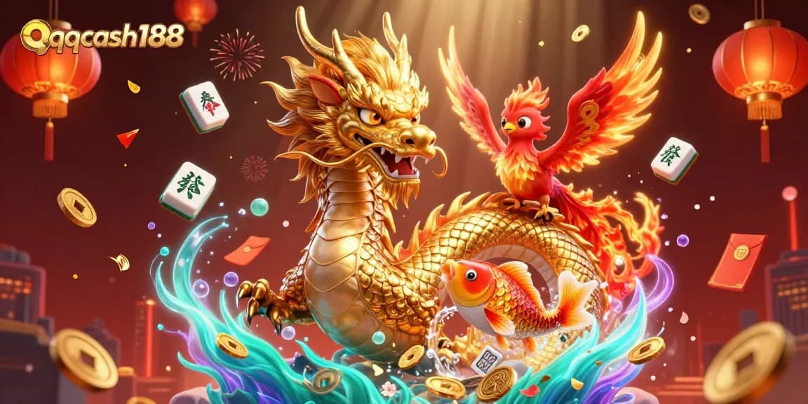 Experience thrilling gameplay with qqcash188, featuring a golden dragon, phoenix, and koi fish amidst vibrant casino elements.