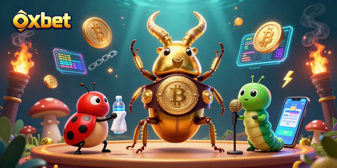 Bet big with oxbet in a lively 3D boxing scene featuring a giant beetle and crypto elements.