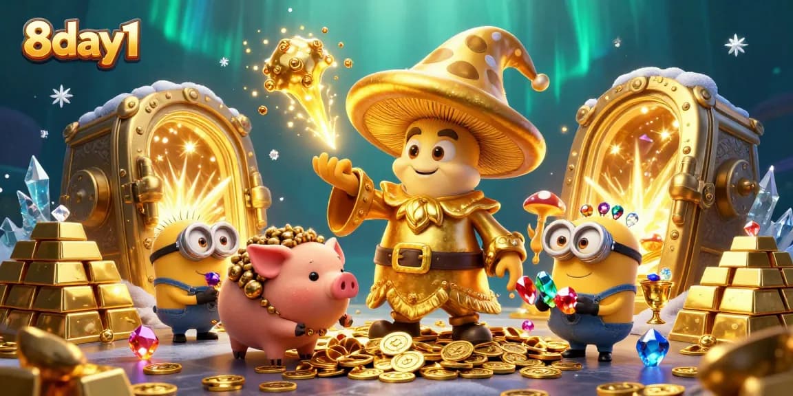 Experience the thrill of winning at 8day1 with vibrant casino characters surrounded by gold and treasures.