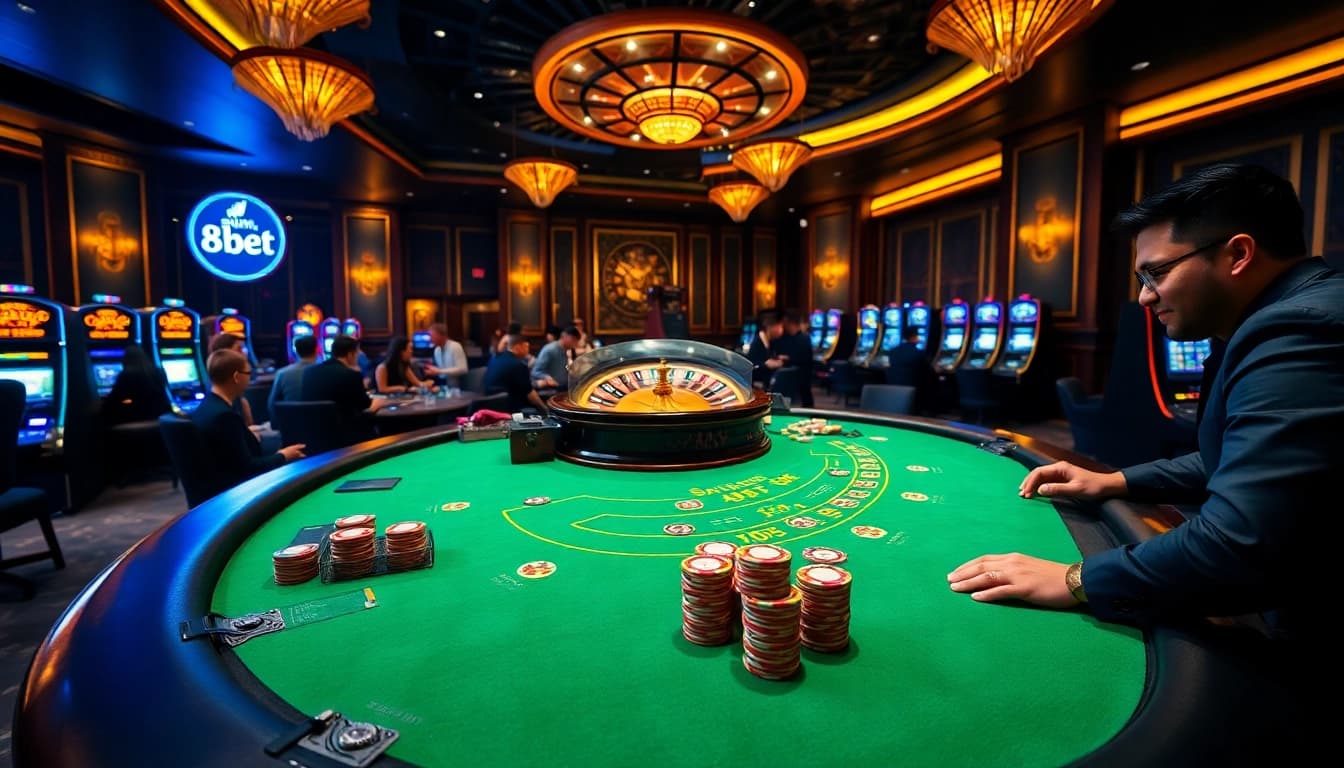 Experience the excitement of 8kbet at a luxurious casino blackjack table.