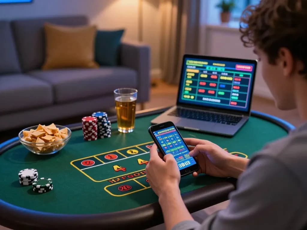 Engaged player using smartphone at home for online gambling, showcasing nhà cái uy tín nhất hiện nay and live casino excitement.