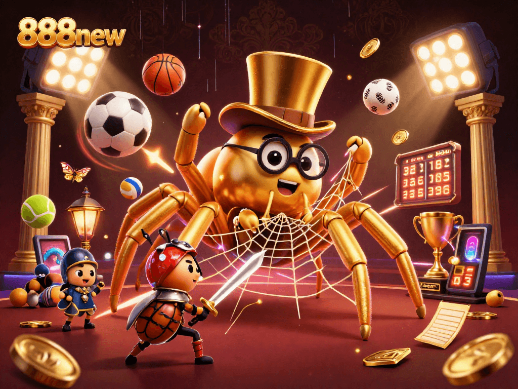 Experience excitement at 888new with a golden tarantula and beetle knight in a dynamic casino setting