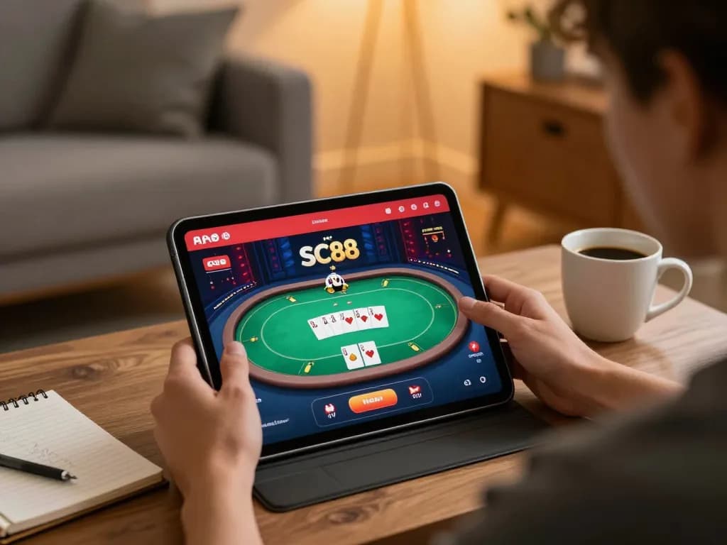 Engaged player enjoying SC88 casino poker game on tablet with strategic notes