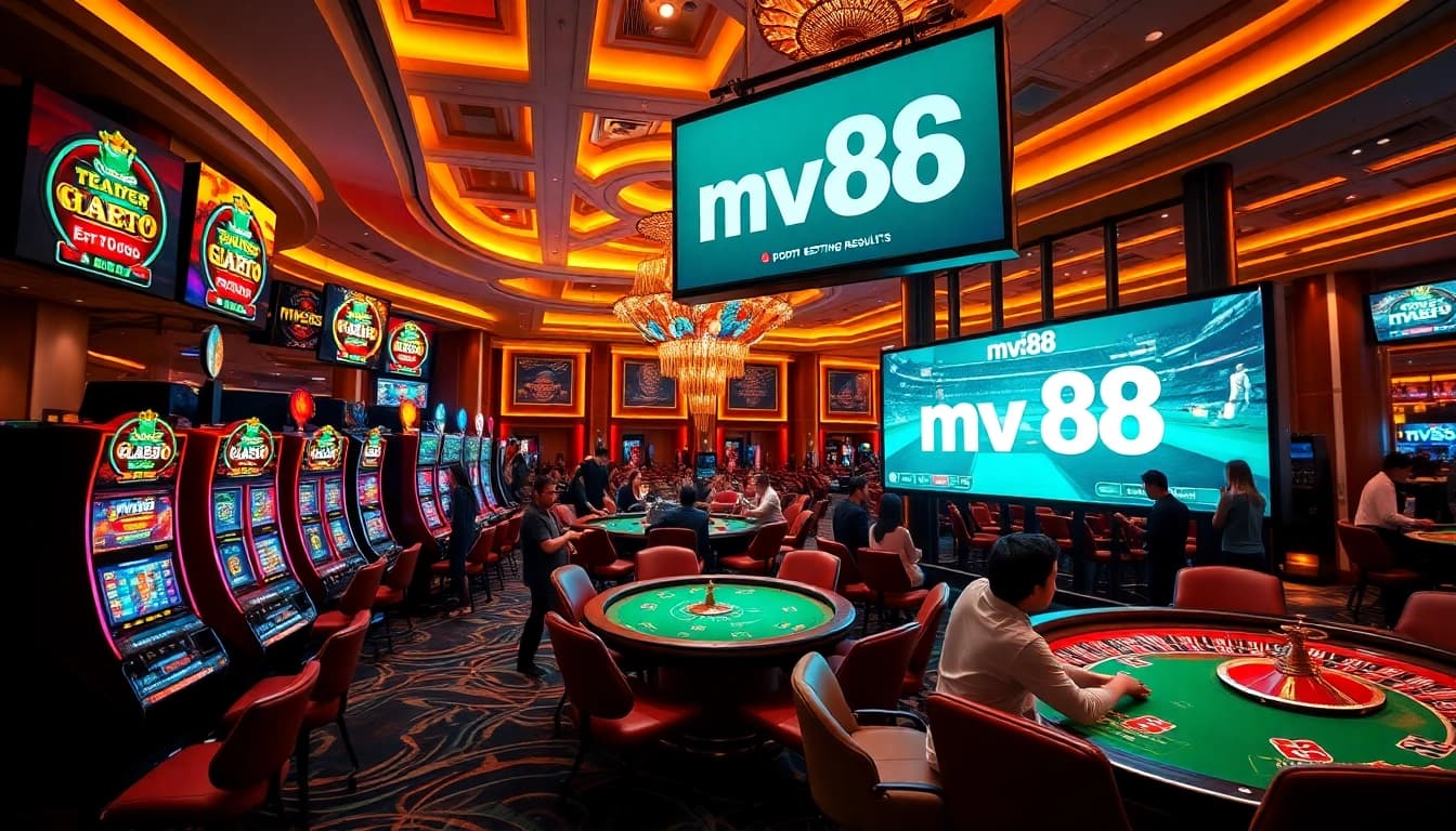 Experience thrilling moments at mv88 gaming tables and slot machines in a luxurious casino.