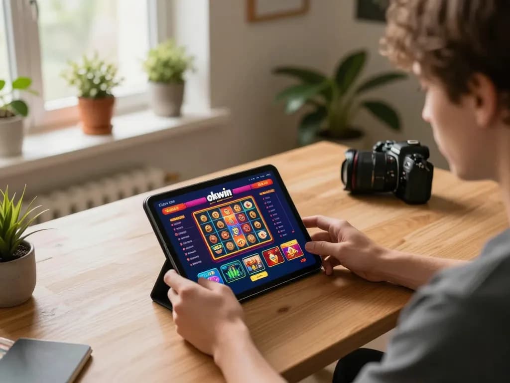 Player enjoying okwin online casino on tablet at stylish home office desk, vibrant gaming setup