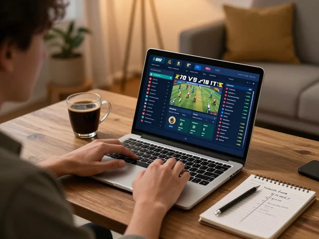Person engaging in sports betting on god55vn from a cozy home office, surrounded by strategy notes.