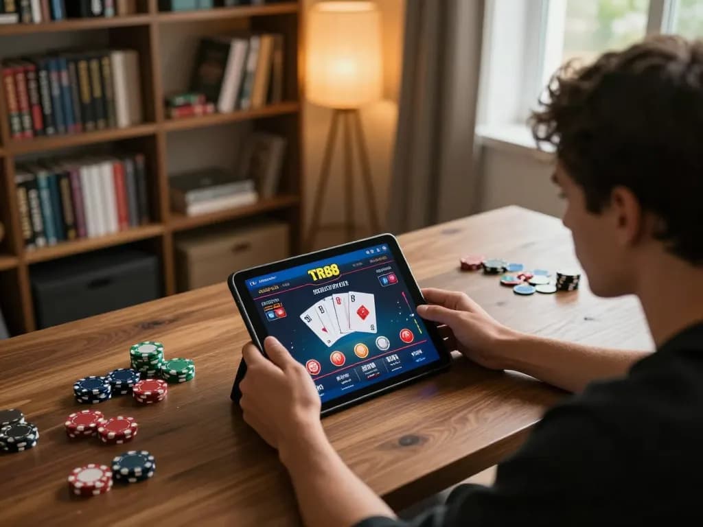 Player engaged in dynamic online gaming experience with TR88 app, strategizing with chips visible on screen.