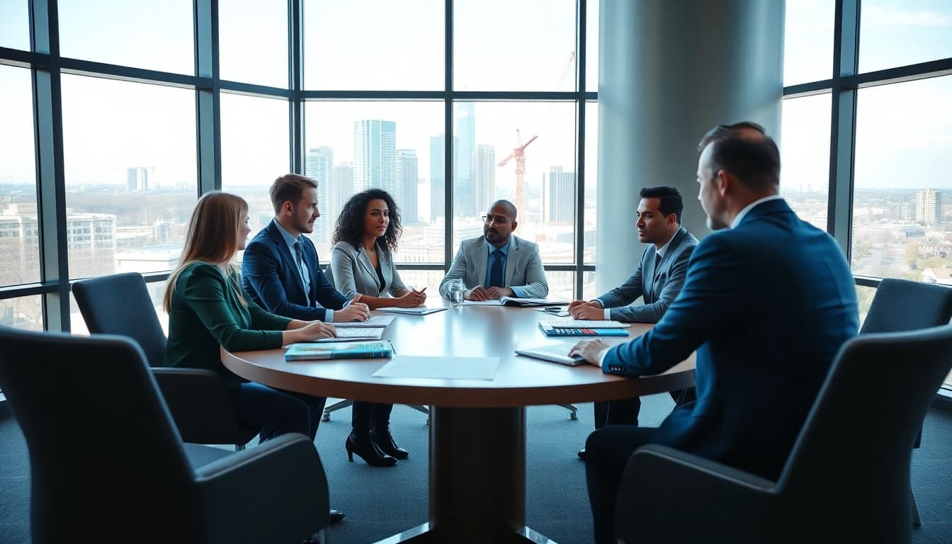 Discussing Federal and State contracts in a professional conference room setting.