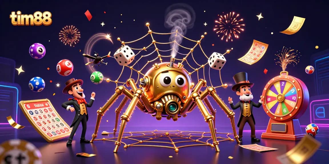 Tim88 showcases a vibrant steampunk casino scene filled with animated lottery elements.