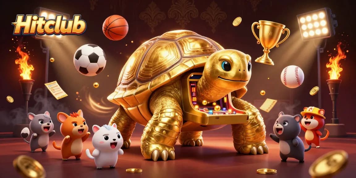 Hitclub contestants engage with a golden tortoise pinball machine at a lively sports betting scene.