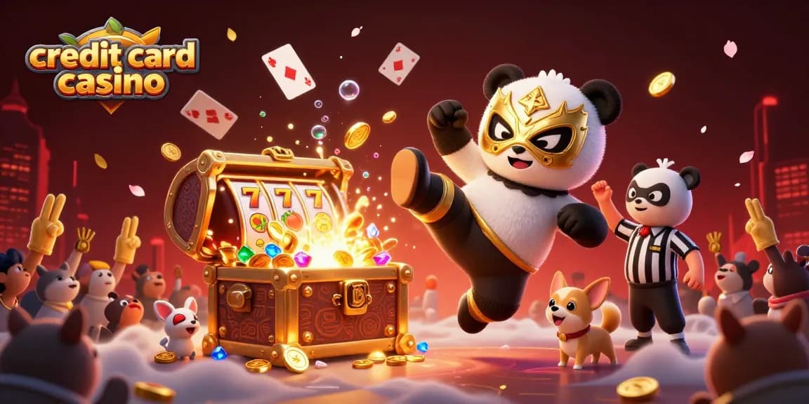 Experience the excitement of a credit card casino with a wrestling panda and festive animal spectators.