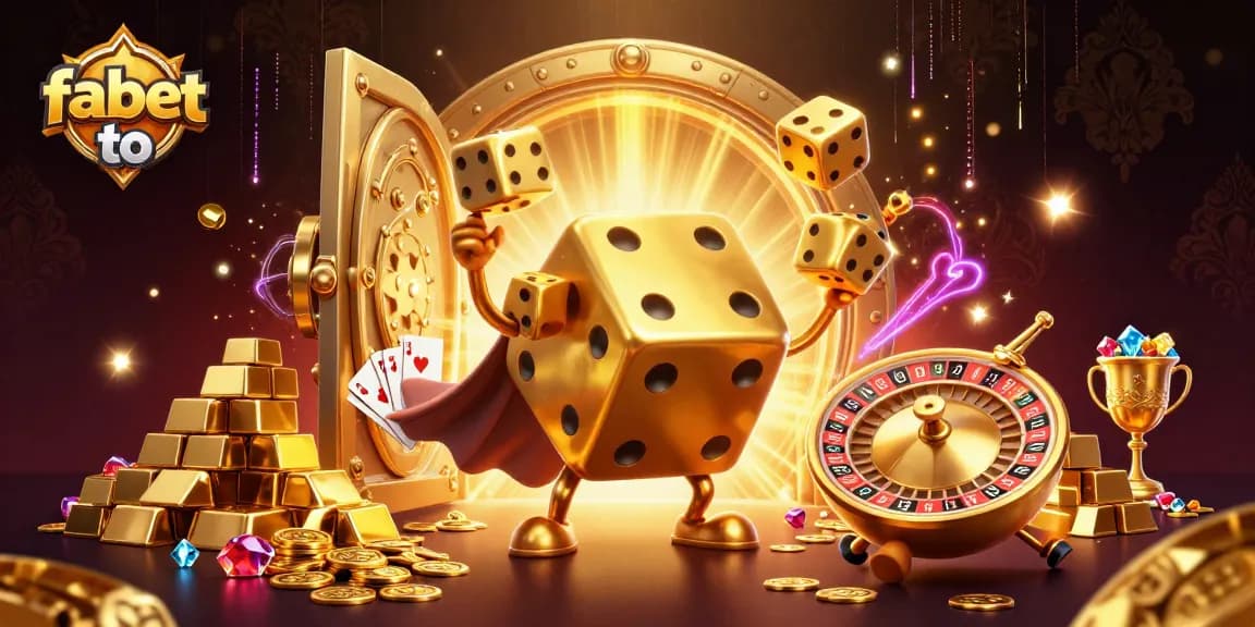 Experience a vibrant 3D casino scene with fabet to featuring giant golden dice and lavish treasures.