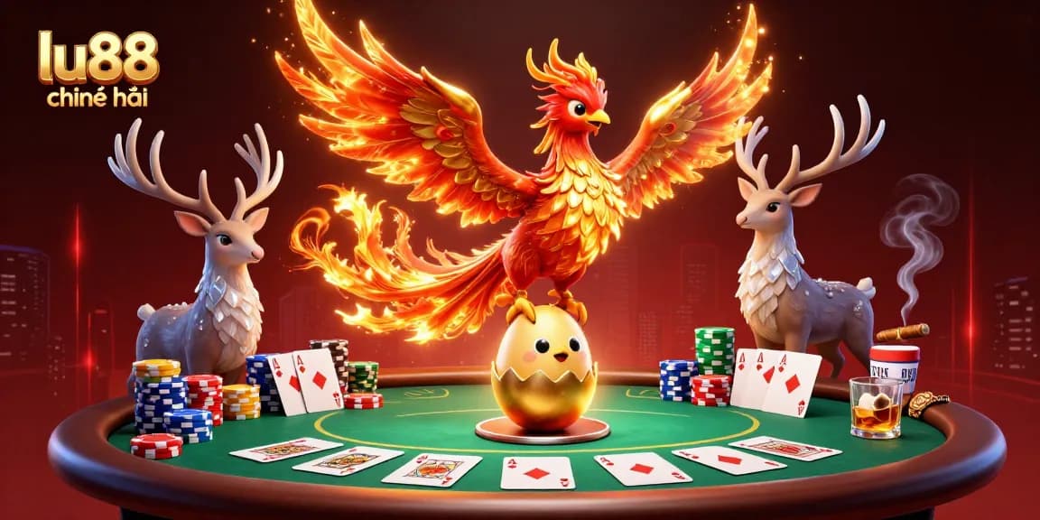 Experience excitement with lu88 chính thức as a phoenix rises over poker elements in a vibrant casino scene.
