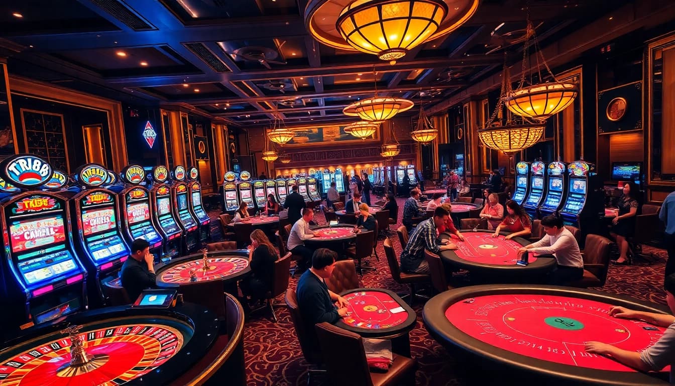 Players enjoying a thrilling casino experience at TR88 with vibrant gaming tables and slot machines.
