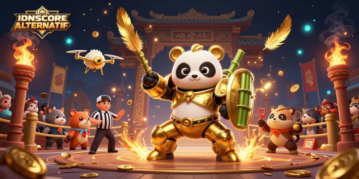 Experience IDNSCORE ALTERNATIF with an action-packed gaming arena featuring a mech-suit panda and engaging visuals.
