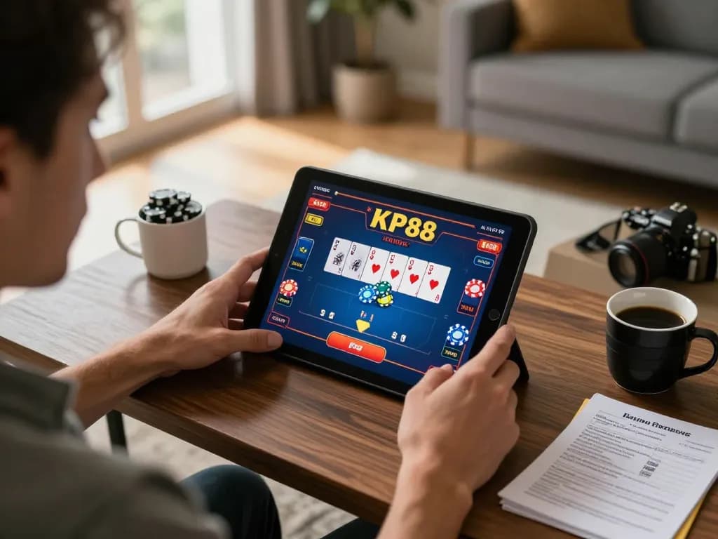 Engaged player enjoying KP88 poker game on tablet in cozy home setting, showcasing gaming experience.