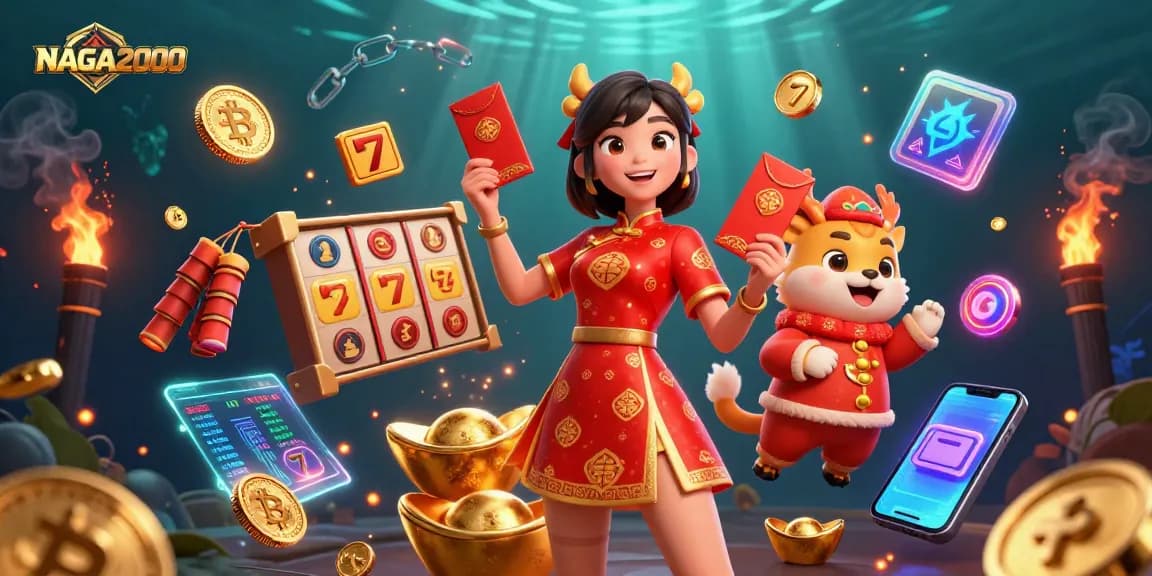 NAGA2000 menampilkan adegan kasino yang hidup dengan seorang wanita berpakaian tradisional memegang simbol keberuntungan di antara elemen permainan slot.