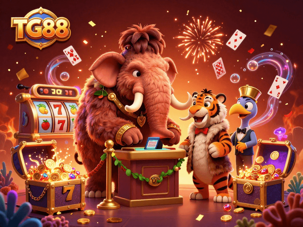Experience thrilling gaming adventures with TG88 at this vibrant casino scene featuring a bouncer, VIP guest, and dodo doorman.