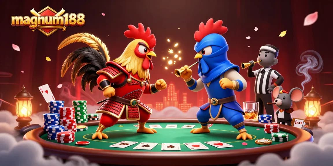 Experience epic showdowns at magnum188 with dynamic gaming scenes featuring cartoon roosters and poker elements.