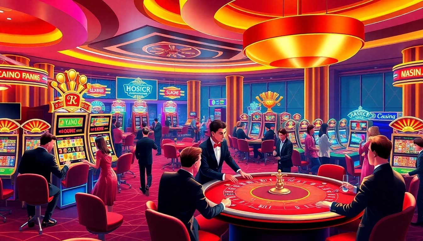 Players enjoy thrilling games at an IDNslot casino, showcasing vibrant slot machines and poker tables.