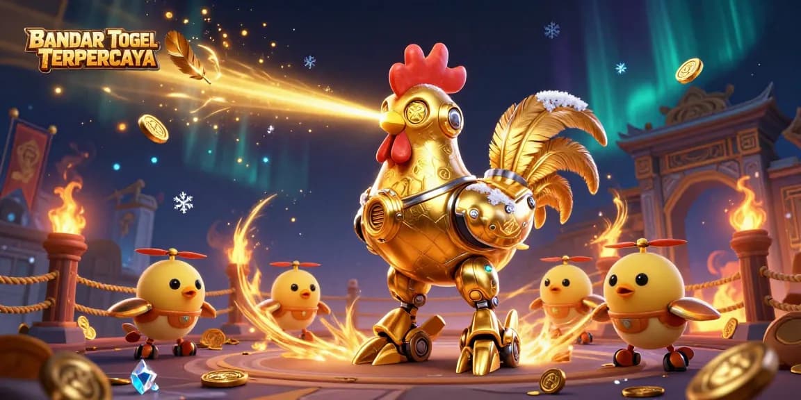 BANDAR TOGEL TERPERCAYA showcases a captivating 3D robotic rooster and drone chicks amidst a dynamic casino scene.
